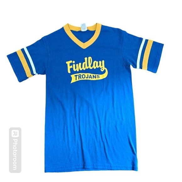 Vintage Tops - Vintage 90s Findlay Ohio Trojans Cheer Athletic Tshirt Blue Yellow Retro